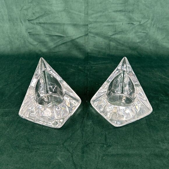 Clear Heavy Glass Triangle Candle Holders Pair - Picture 1 of 8